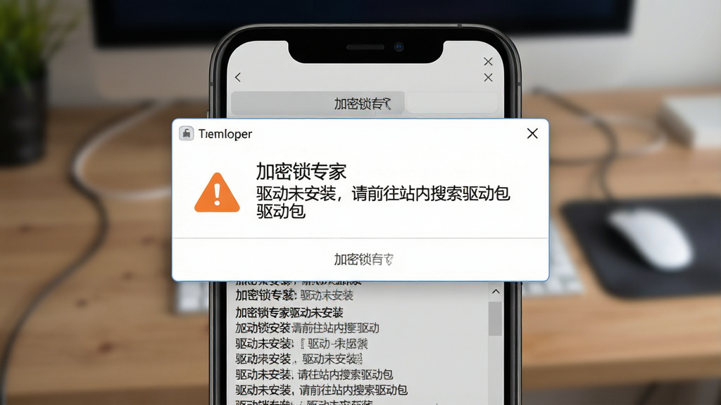 画面主体是“加密锁专家”软件的错误提示弹窗和日志界面,弹窗中显示“驱动未安装,请前往站内搜索驱动包”的提示文字;手机屏幕特写,背景为模糊的桌面环境;排版为弹窗居中、日志列表在下方;风格为工具类App常见提示风格,细节包括橙色警告图标、白色弹窗、灰色日志文字;画质高清,干净无多余元素,画面中文字为“加密锁专家”“驱动未安装”
