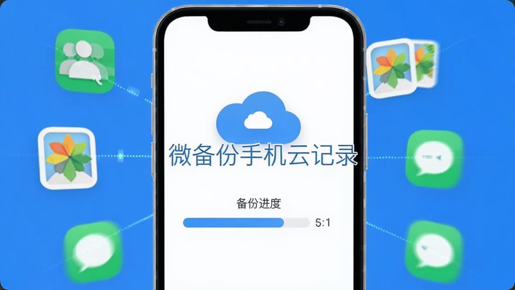 一部手机屏幕显示备份进度条和云朵图标,周围环绕着通讯录、相册、短信等小图标,画面风格为扁平化科技风,主色调为蓝色和白色,画面中央带有文字