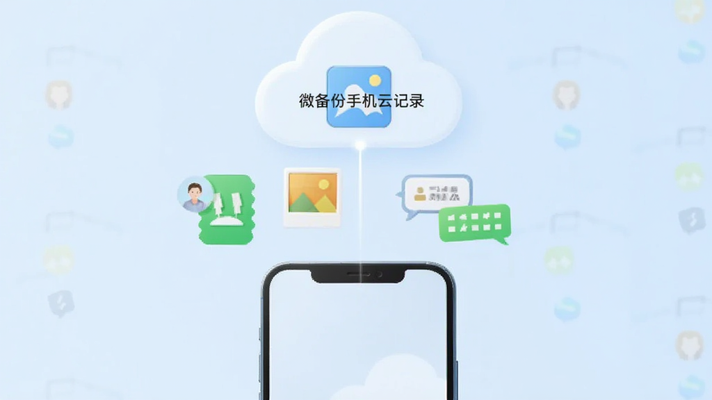 一张展示手机云端备份概念的插画,画面中央是一部智能手机,手机上方漂浮着通讯录、照片、聊天记录等图标元素,这些图标正通过一条光线连接到上方的云朵形状存储空间,背景为淡蓝色渐变,整体风格简洁清新,画质干净清晰,无多余元素,图片中带有文字