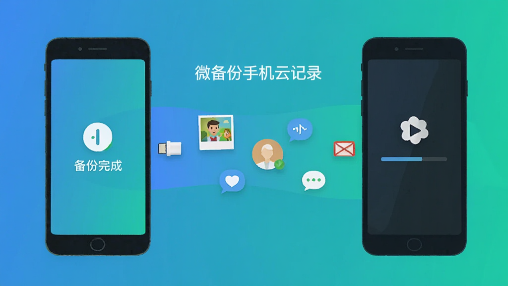 两部手机之间有一条数据流连接,左边手机显示备份完成,右边手机显示恢复进度,数据流中包含照片、联系人、聊天图标,画面风格为扁平插画,色调为蓝绿渐变,画面中带有文字