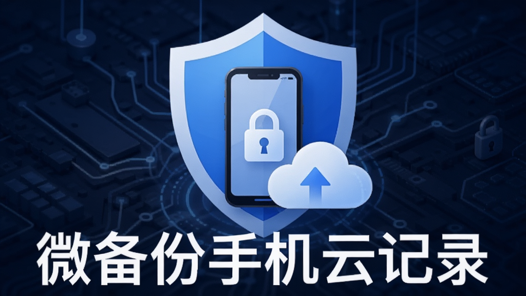 一个盾牌图标守护着手机和云朵,盾牌上有锁形符号,背景为深蓝色科技纹理,风格为安全防护主题插画,画面中带有文字