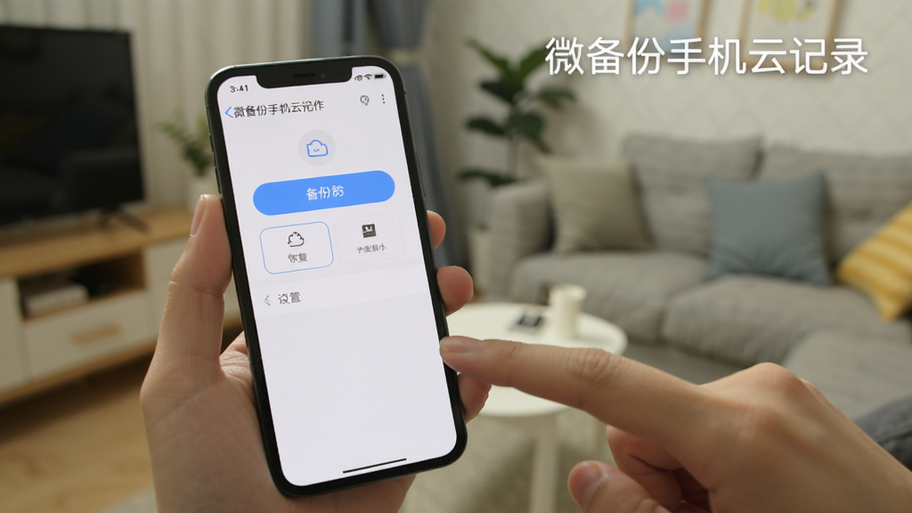 手机屏幕展示微备份软件的操作界面,界面上有备份按钮、恢复选项和设置菜单,旁边有一只手正在点击屏幕,背景为居家环境,风格为真实使用场景摄影风,画面中带有文字