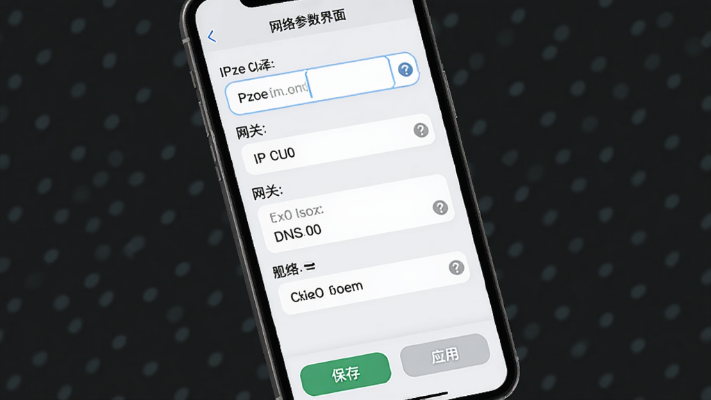 Saze山泽2网络参数配置界面图,画面为手机屏幕显示IP地址、网关、DNS等参数输入框和下拉选项,界面采用浅色主题,输入框有圆角设计,旁边配有问号提示图标,底部有保存和应用按钮,整体布局规整,风格偏向工具类应用,画质清晰,干净,无多余元素