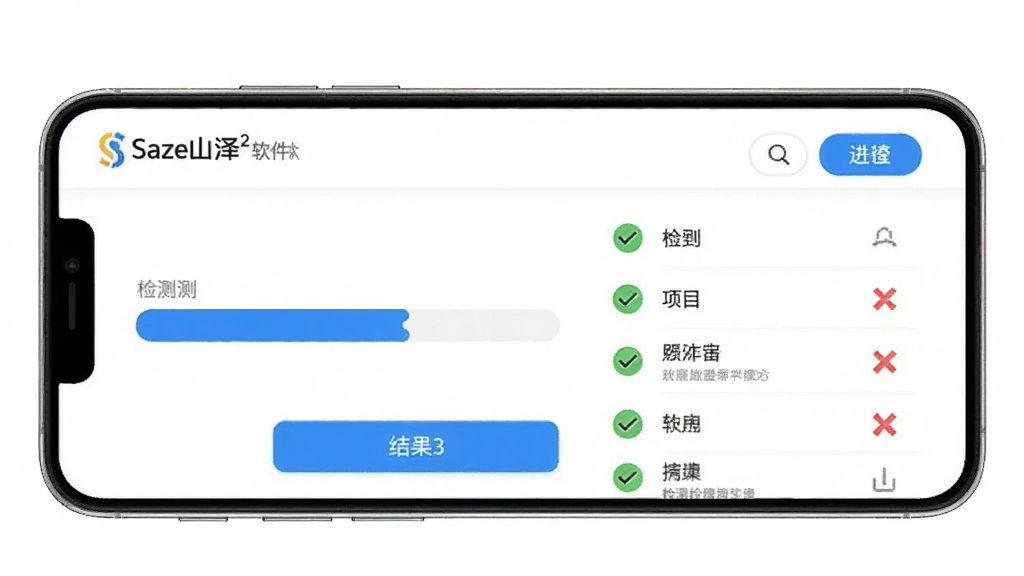 Saze山泽2一键检测功能界面图,画面展示一部手机横屏或竖屏显示检测进度条和检测结果列表,列表中有绿色对勾和红色叉号标识各项检测项目,界面顶部有Saze山泽2软件名称标识,配色清爽,以白色背景搭配蓝色高亮按钮,风格简约实用,画质清晰,干净,无多余元素