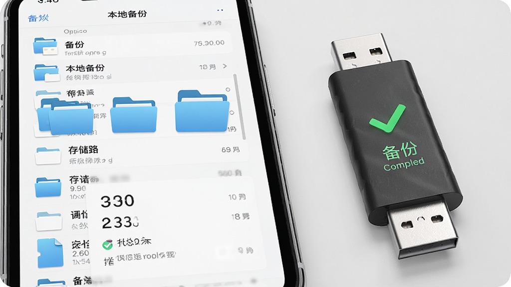 微聊天记录手机端备份软件界面中显示本地备份选项和存储路径选择,手机连接U盘,画面中有文件夹图标和备份完成打勾标记,主体为手机和U盘,布局左右分布,风格为写实科技风,细节包括文件列表和存储容量显示,画质高清,干净,无多余元素