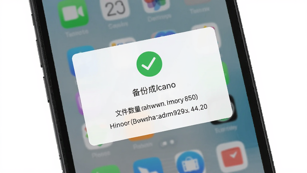 微聊天记录手机端备份软件备份完成后的提示界面,手机屏幕显示绿色对勾和备份成功文字,背景为简洁的手机桌面,主体为手机和成功提示,布局居中,风格为扁平化清新风,细节包括文件数量和存储路径,画质清晰,干净,无多余元素