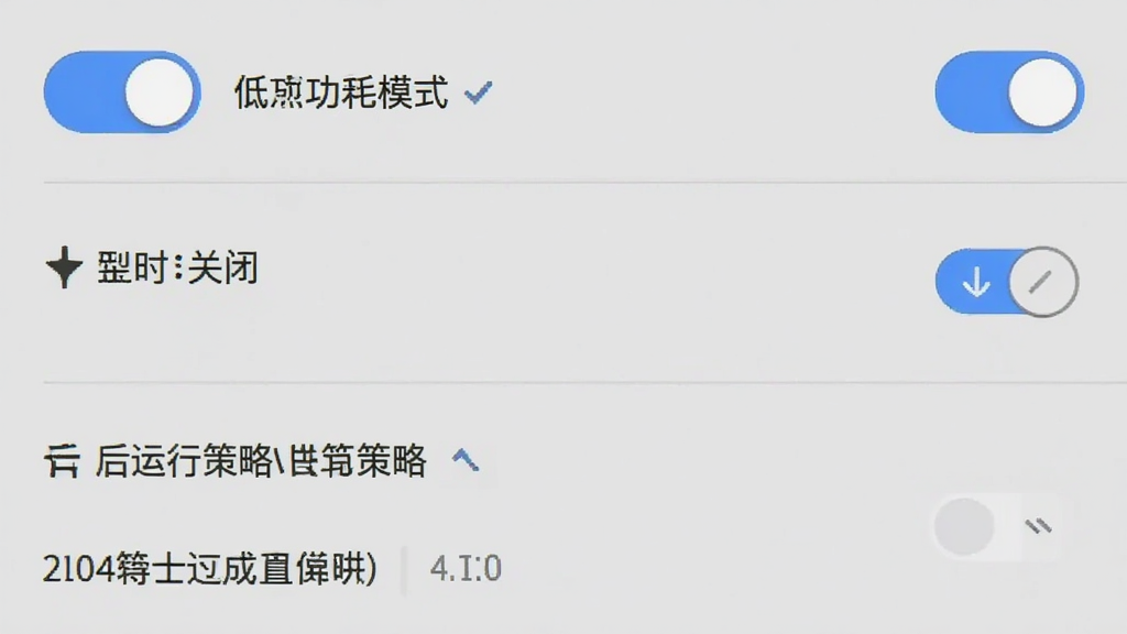 手电筒照亮补光灯设置界面截图,画面展示低功耗模式开关、定时关闭选项和后台运行策略列表,界面采用浅灰色背景与蓝色高亮开关按钮,布局规整,文字清晰可读,整体风格简约商务