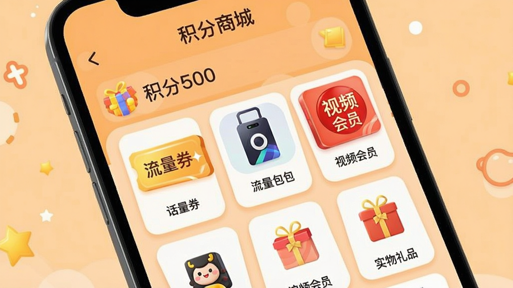手机屏幕展示启明APP积分商城页面,页面上方显示“积分商城”标题和用户当前积分数字,下方排列话费券、流量包、视频会员、实物礼品等兑换商品卡片,背景为浅橙色暖色调,风格活泼亲民,细节上商品卡片有轻微圆角和阴影,文字清晰,画质干净无多余元素,适合展示软件商城功能
