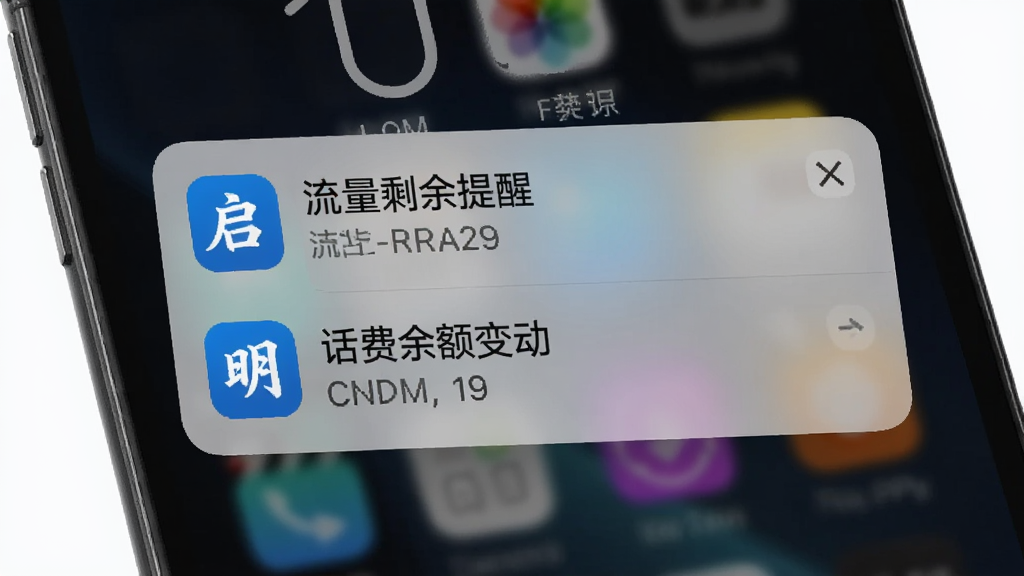 手机锁屏界面弹出启明APP的通知卡片,卡片上显示“流量剩余提醒”和“话费余额变动”两条消息,通知图标为蓝色启明标识,背景为深色锁屏壁纸,风格现代科技感,细节上通知卡片边缘有轻微阴影,文字清晰可读,画质干净无多余元素,适合展示软件推送功能