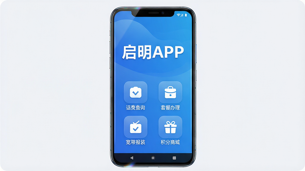 画面中央展示一部安卓手机,手机屏幕亮起显示启明APP的蓝色渐变界面,界面上方有“启明APP”白色粗体文字,下方排列话费查询、套餐办理、宽带报装、积分商城四个圆角功能图标,背景为浅灰白色,风格简洁商务,细节上手机边缘有轻微反光,屏幕内容清晰锐利,画质干净无多余元素,整体构图居中,适合作为软件下载站配图