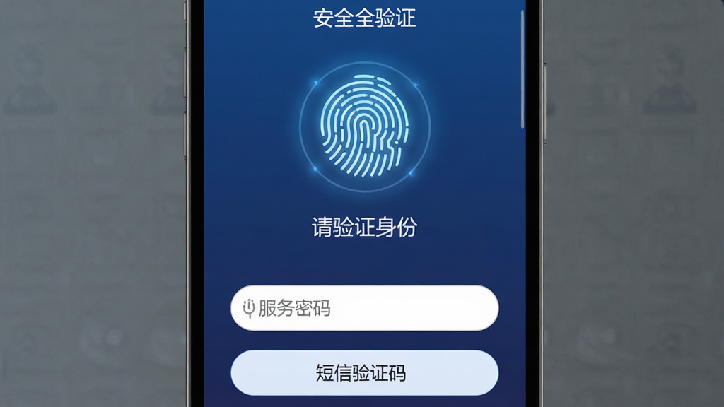 手机屏幕显示启明APP的安全验证界面,界面中央有指纹识别图标和“请验证身份”文字,下方有服务密码输入框和短信验证码按钮,背景为深蓝色渐变,风格安全稳重,细节上指纹图标有发光效果,界面元素排列整齐,画质干净清晰,无多余装饰,适合展示软件安全功能
