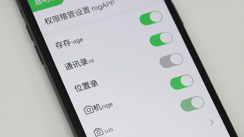 手机屏幕显示启明APP的权限管理设置页面,页面上有存储、通讯录、位置、相机等权限开关,部分开关处于开启状态,背景为浅灰色,风格简洁实用,细节上开关按钮有绿色和灰色两种状态,文字清晰,画质干净无多余元素,适合展示软件权限设置场景