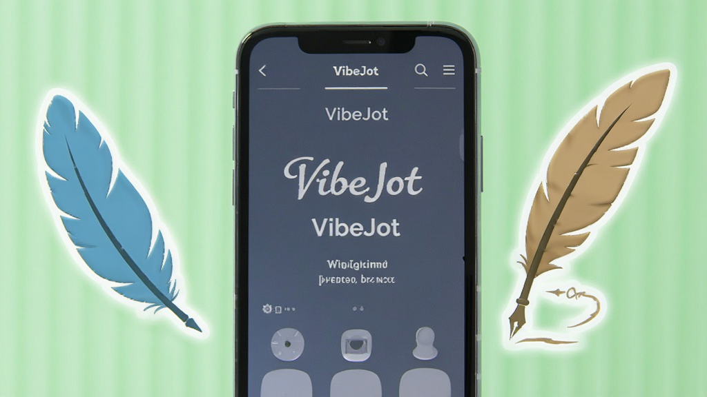 一张展示VibeJot轻量特性的生图,画面中一部手机显示VibeJot界面,旁边有羽毛和羽毛笔的图形,象征轻盈,背景为浅绿色清新风格,干净简洁,高画质