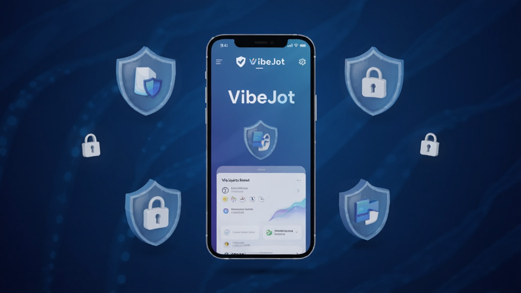 一张强调VibeJot隐私安全的生图,画面中央是一部手机,手机周围有盾牌和锁的图标,手机屏幕显示VibeJot界面,背景为深蓝色科技感渐变,风格稳重安全,干净无多余元素,高画质