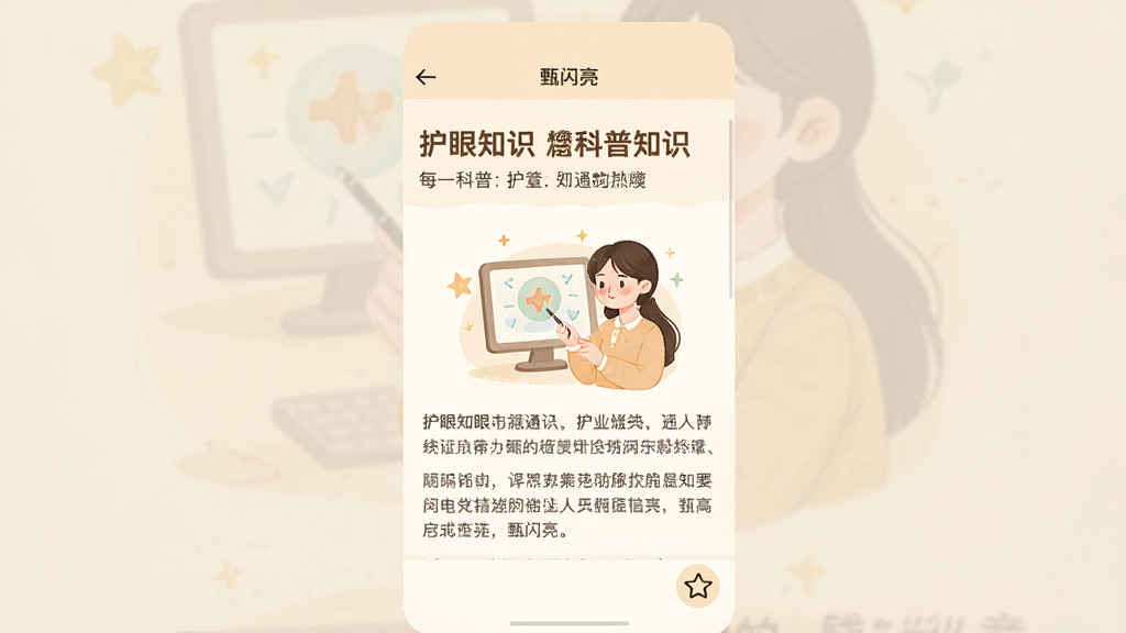 画面呈现“甄闪亮”应用中的科普文章详情页,标题区域显示护眼知识相关文字,正文配有插图与段落排版;布局为纵向阅读流,背景为米白色护眼色调;风格温和专业,细节包括顶部返回按钮与底部收藏图标;画质清晰,干净,无多余元素