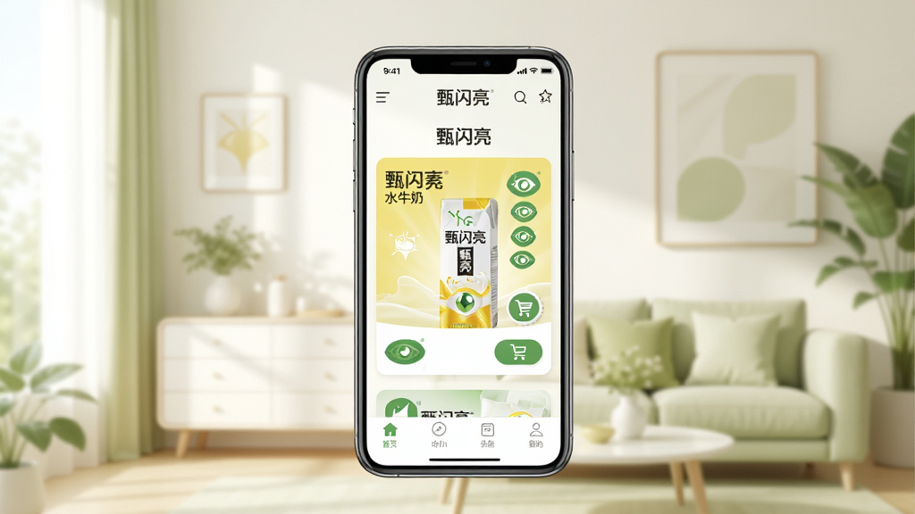 画面中央展示一部智能手机,屏幕内呈现“甄闪亮”应用首页,页面布局包含顶部品牌标识、中部叶黄素酯水牛奶产品卡片与底部导航栏;背景为明亮的现代家居环境,色调以暖白与浅绿为主,风格清新健康;细节包括产品包装上的“甄闪亮”字样、护眼图标与购物车按钮;画质清晰,干净,无多余元素