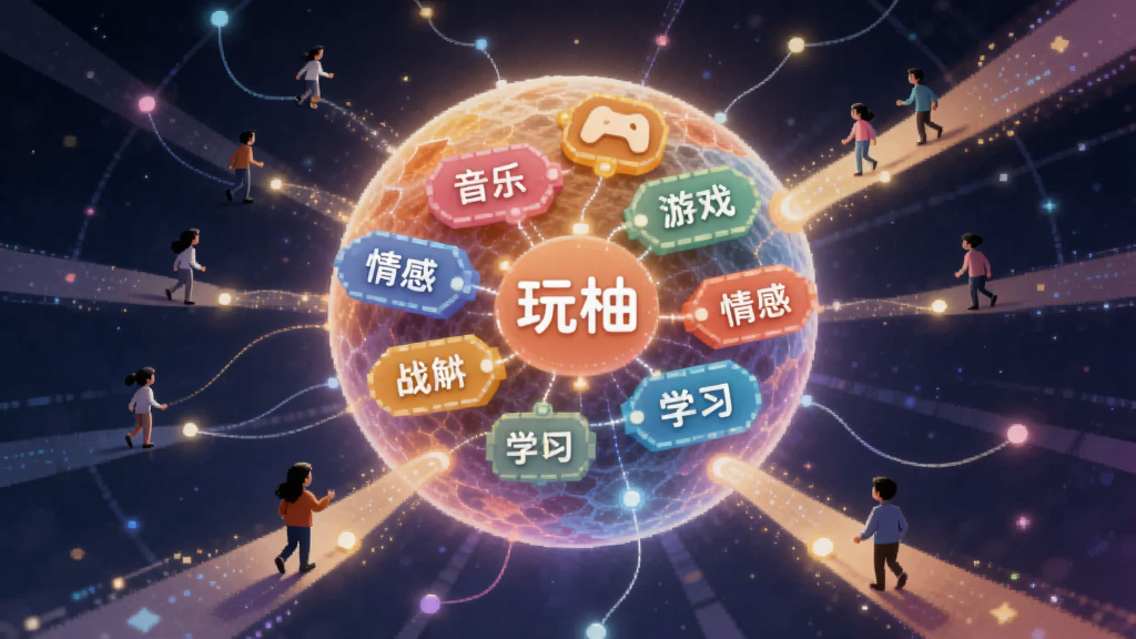 画面中央是一颗由多个彩色标签组成的发光星球,标签上写着音乐、游戏、情感、学习等字样,周围有小人沿着光线走向星球,布局为放射状构图,风格为科技感插画,细节包括柔和的发光效果和连接线条,画质清晰干净,无多余元素,星球中央标注“玩柚”
