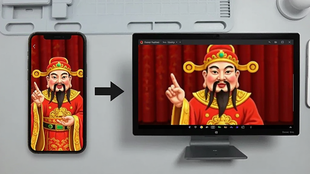 一张展示财神到在手机和电脑模拟器上同时运行的对比图,左侧是手机竖屏界面,右侧是电脑模拟器横屏界面,画面中间用箭头连接,背景是简洁的浅灰色工作台,整体风格清晰直观,画质干净,无多余元素