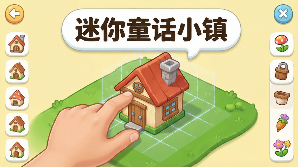 一幅展示迷你童话小镇建造界面的插图,画面中一只手正拖动一栋小房子到绿色草地上,周围有半透明的网格辅助线,屏幕边缘显示各种建筑图标和装饰道具,背景是柔和的浅黄色,画面上方用白色气泡框写着“迷你童话小镇”,风格卡通明快,细节清晰,画质干净,无多余元素