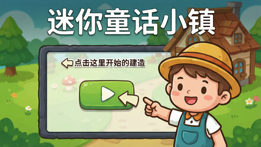 一幅迷你童话小镇新手引导界面图,画面中一个卡通向导角色正指着屏幕上的建造按钮,旁边有箭头和文字提示“点击这里开始建造”,背景是绿地和半成品小屋,画面上方用白色字体写着“迷你童话小镇”,风格清晰友好,细节简洁,画质干净,无多余元素