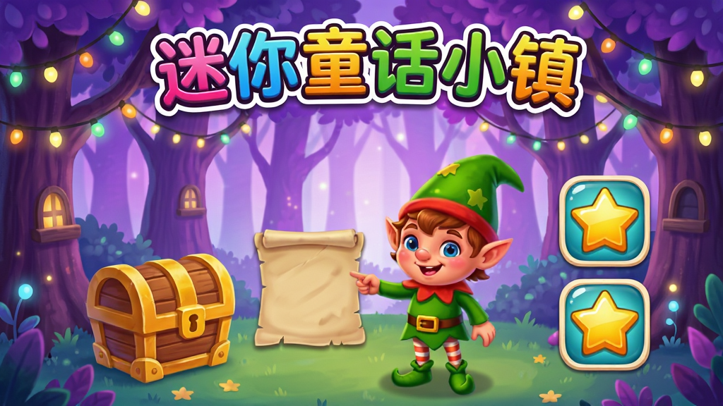 一幅迷你童话小镇的活动界面场景图,画面中有一个戴着尖顶帽的小精灵正在发布任务,旁边有宝箱和星星奖励图标,背景是梦幻的紫色森林,树木上挂着彩灯,画面上方用彩色字体写着“迷你童话小镇”,整体氛围欢乐活泼,细节精致,画质明亮干净,无多余干扰元素