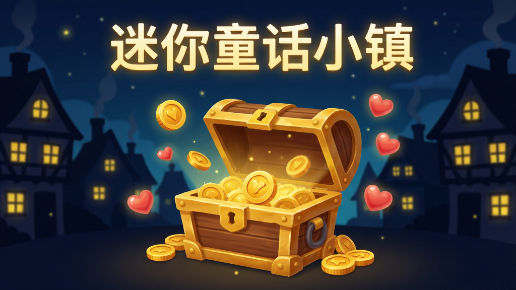 一幅迷你童话小镇离线收益领取界面图,画面中央是一个打开的金色宝箱,周围漂浮着金币和爱心图标,背景是夜晚的小镇剪影,窗户透出暖黄色灯光,画面上方用发光字体写着“迷你童话小镇”,风格温馨安静,细节清晰,画质干净,无多余元素