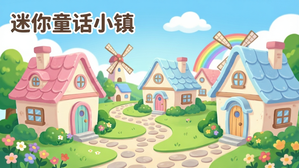 一幅明亮清新的卡通风格小镇全景图,画面中央是几栋色彩柔和的欧式小屋,屋顶呈粉色与淡蓝色,门前有弯曲的石板小路,路边种满五颜六色的花朵和绿色灌木,远处有风车和彩虹,天空湛蓝飘着白云,画面左上角用圆润字体写着“迷你童话小镇”,整体风格温馨治愈,细节丰富,画质干净清晰,无多余杂乱元素