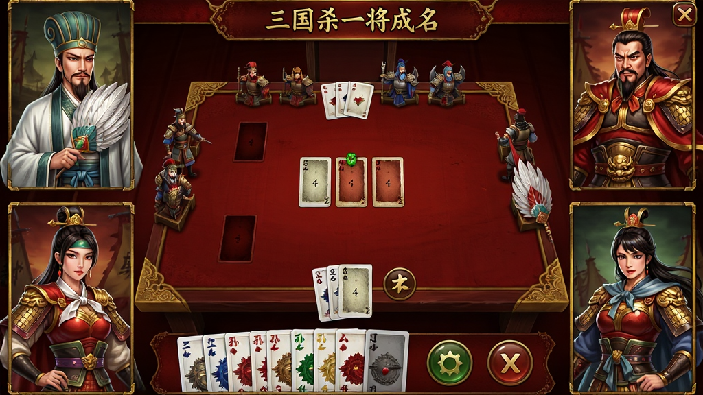 三国杀一将成名游戏主界面截图,画面中央展示经典身份场牌桌布局,四周环绕着多位三国武将的精美立绘,有手持羽扇的诸葛亮、身披红袍的曹操、英姿飒爽的孙尚香等,界面下方排列着手牌与操作按钮,整体色调以暗红与金色为主,风格古典华丽,细节丰富,画质清晰,干净无多余元素