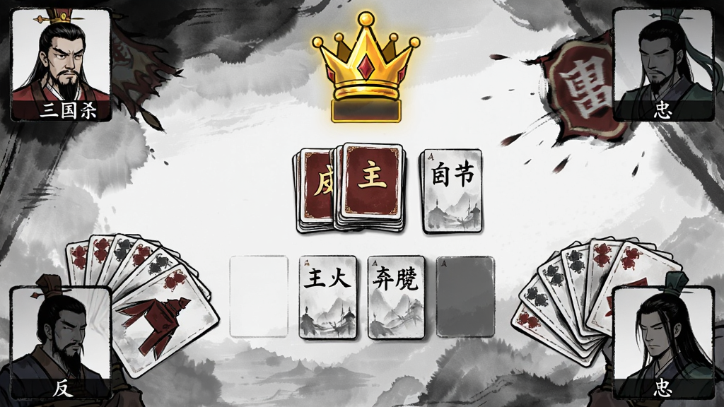 三国杀一将成名身份场对局画面,四位玩家头像分列屏幕四角,中间是牌堆与弃牌区,主公头顶有醒目皇冠标识,反贼与忠臣身份隐藏,手牌以扇形展开,画面带有紧张的对战氛围,古典水墨风格,布局清晰,画质干净