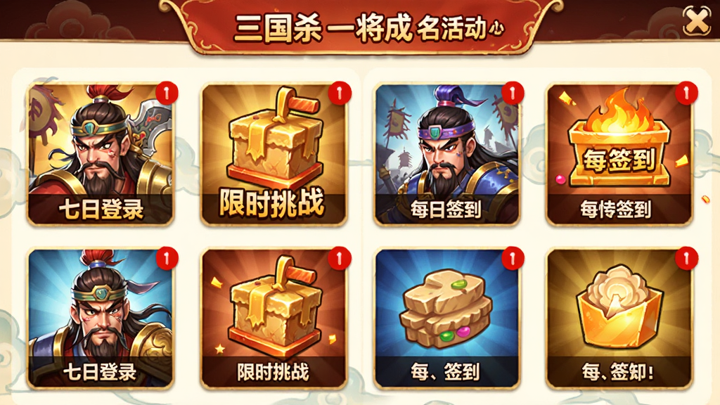 三国杀一将成名活动中心界面,展示多个活动入口图标,如七日登录、限时挑战、每日签到等,每个图标配有精美小图与红点提示,整体排版整齐,色彩明亮,风格活泼,画质干净