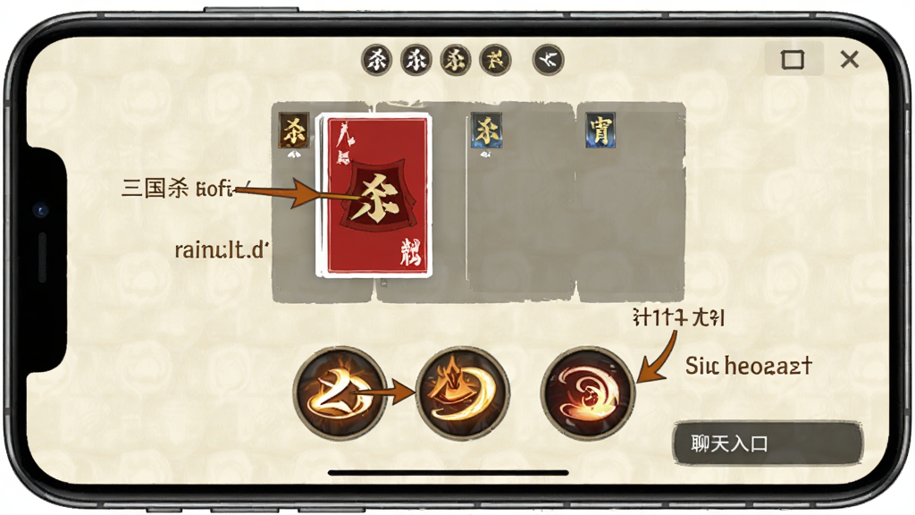 三国杀一将成名新手操作指引界面,画面展示手机横屏握持手势,屏幕上标注出牌区域、技能按钮与聊天入口,配有箭头与文字说明,背景为简洁的浅色底纹,风格直观清晰,画质干净,无多余元素