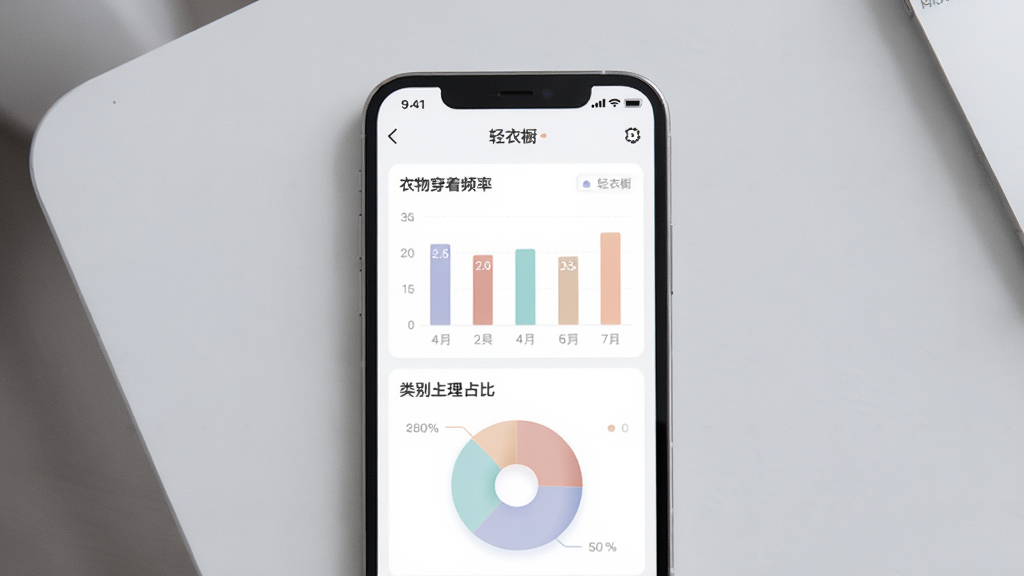 手机屏幕特写,显示轻衣橱应用的统计页面,页面中有柱状图和饼图展示衣物穿着频率和类别占比,主体是手机屏幕,布局采用居中构图,背景为浅灰色桌面,风格为极简科技风,细节包括图表颜色柔和、数据标签清晰、屏幕上方有