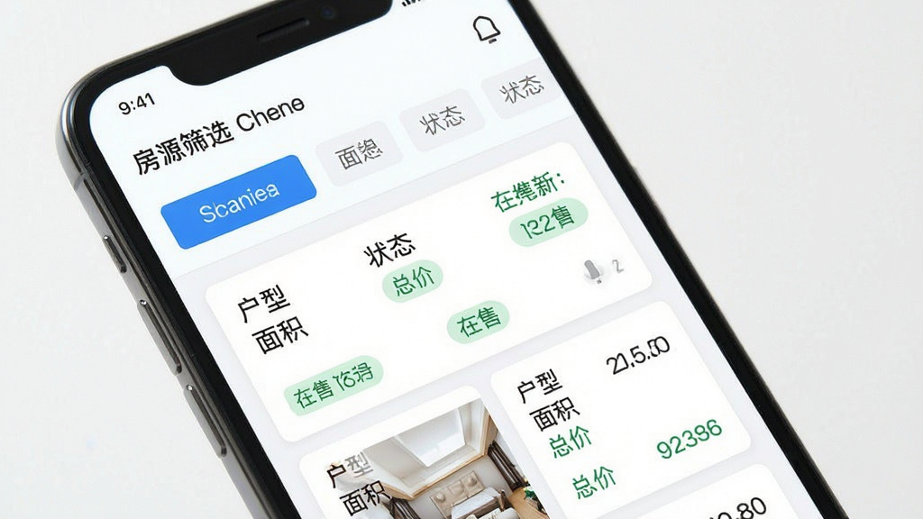 一张手机端房源查询界面展示图,画面主体为手机屏幕,屏幕内显示房源筛选条件栏与房源卡片列表,卡片上标注