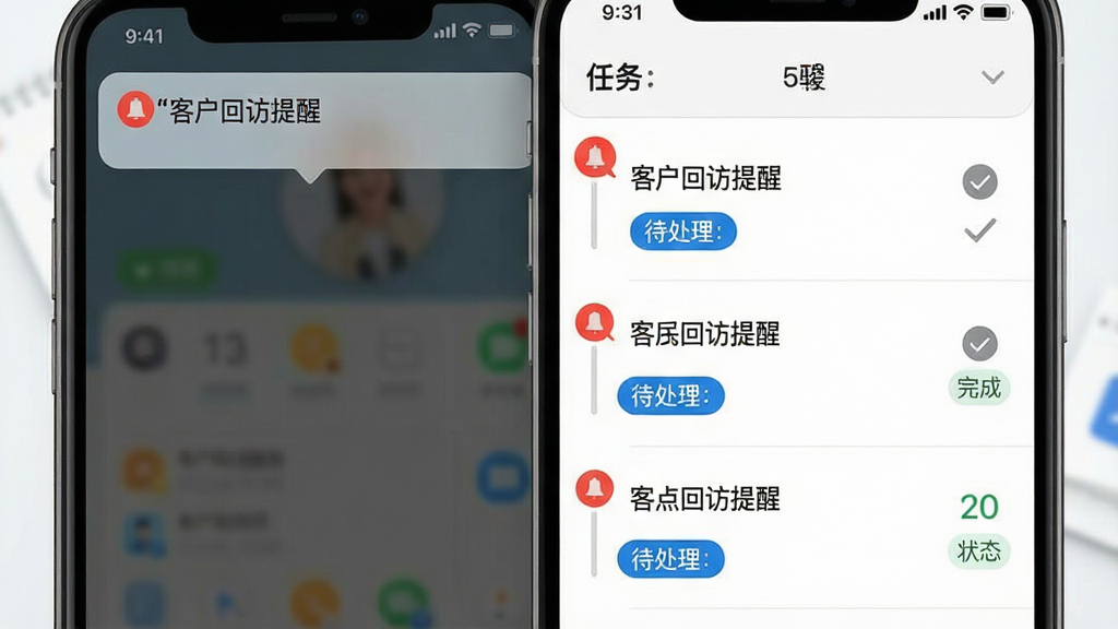 一张展示跟进提醒功能的界面图,画面主体为手机通知栏与任务列表,通知栏弹出