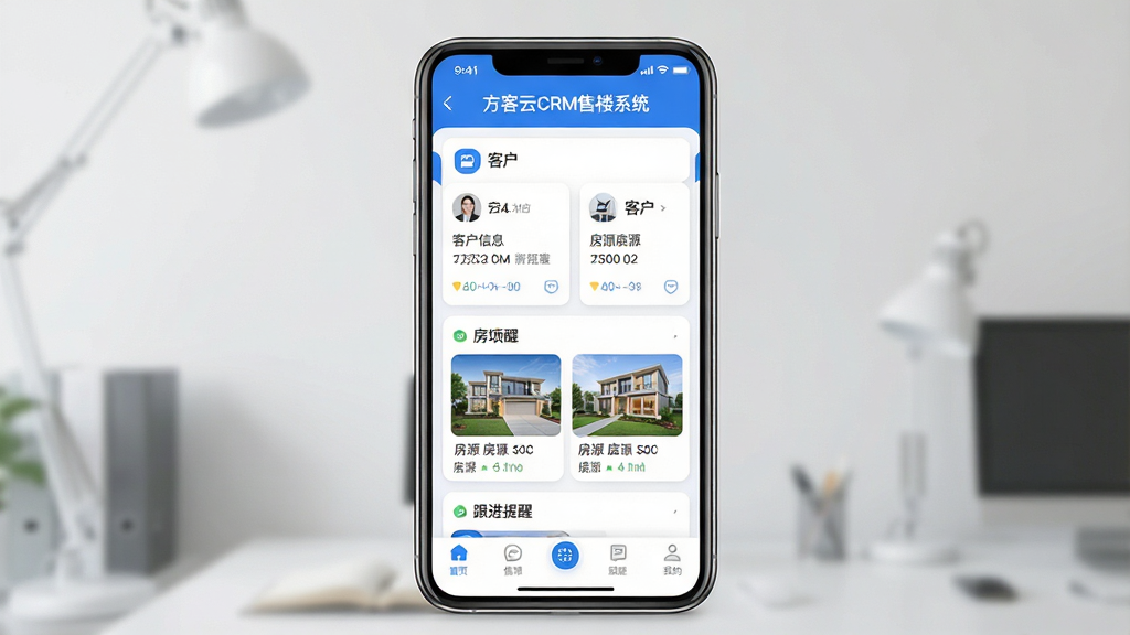 一张手机屏幕展示房地产CRM管理界面的产品预览图,画面中央是手机正视图,屏幕内呈现客户列表、房源卡片与跟进提醒三个模块,布局为上下结构,上方标题栏写