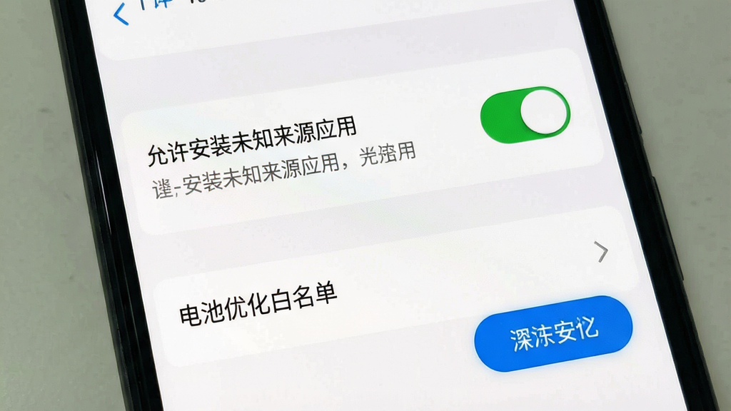 一张手机安全设置界面的示意图,画面主体为手机屏幕,屏幕内显示“允许安装未知来源应用”开关与“电池优化白名单”选项,布局为上下结构,风格为简洁设置页风,细节包括绿色开启状态开关、灰色说明文字、蓝色高亮按钮,画质清晰,干净,无多余元素