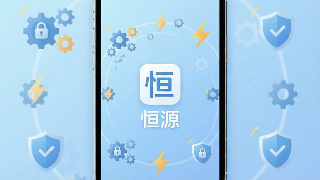一张展示恒源软件主界面的手机屏幕截图,画面中央是简洁的软件图标与名称“恒源”,背景为浅蓝色渐变,周围环绕着齿轮、闪电、盾牌等代表工具与安全的抽象图标,整体风格清爽现代,排版居中对称,细节干净利落,画质清晰,无多余元素