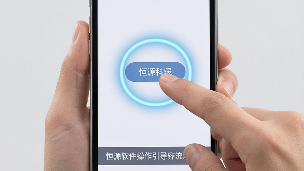 恒源软件操作引导界面,一只手正在点击手机屏幕上的功能按钮,按钮周围有高亮光圈提示,界面底部有文字提示条,背景为浅灰色,主体为手与手机屏幕,风格写实友好,细节清晰,画质干净,无多余元素
