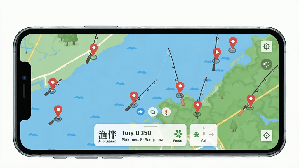 渔伴钓点记录功能展示,主体为手机屏幕中钓点地图标记界面,布局为地图上多个钓鱼标记点分布,排版为全屏地图视图,风格为清新户外风格,细节包括蓝色水域、绿色陆地、红色钓点标记、底部信息卡片,画质高清,干净,无多余元素
