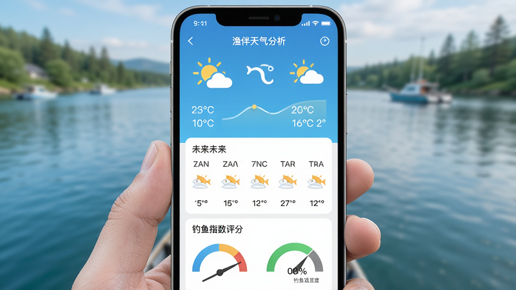 渔伴天气分析功能界面,主体为手机屏幕中天气信息面板,布局为顶部当前天气、中部未来七天预报、底部钓鱼指数评分,排版清晰分层,风格为清新自然风格,细节包括太阳云朵图标、温度曲线、钓鱼适宜度仪表盘,画质高清,干净,无多余元素