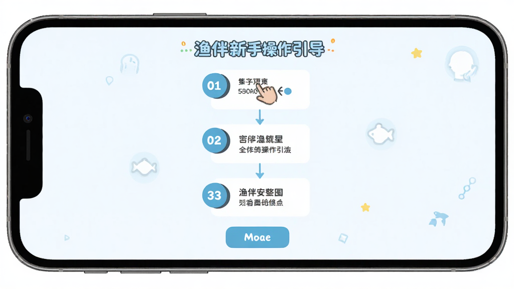 渔伴新手操作引导页面,主体为手机屏幕中分步引导界面,布局为三步骤图示排列,排版为从上到下流程图,风格为友好新手引导风格,细节包括步骤编号、操作手势图标、文字说明框、跳过按钮,画质高清,干净,无多余元素