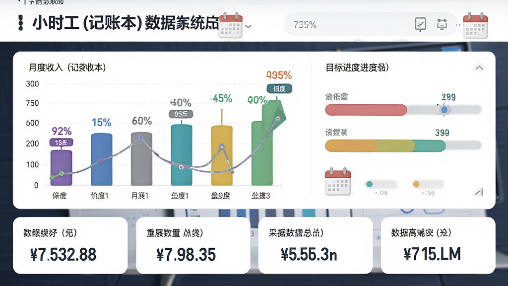 主体是一个数据统计页面,画面中央展示小时工(记账本)的月度收入柱状图和目标进度条,布局为上方标题、中间图表、下方数字汇总,排版清晰,风格为简约商务风,细节包括不同颜色的柱子、百分比数字和日历图标,画质高清,画面干净,无多余元素。