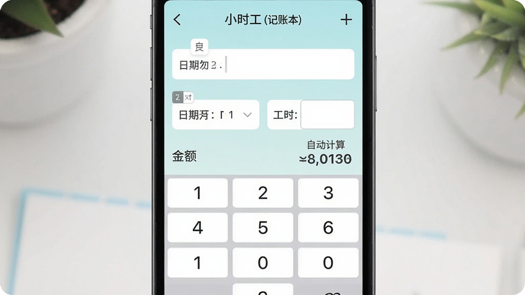 主体是一个手机应用界面截图,画面中央展示小时工(记账本)的快速记工页面,布局为上方输入框、下方数字键盘,排版简洁,风格为清新浅色系,细节包括日期选择器、工时输入框和自动计算出的金额,画质高清,画面干净,无多余元素。