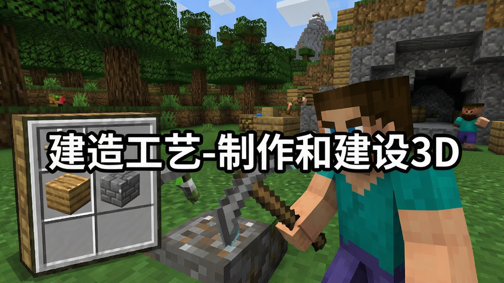 像素方块世界中,角色手持镐子挖掘矿石,旁边有合成台界面显示木板与石砖配方,背景为森林与山洞,画面中央标注“建造工艺-制作和建设3D”,风格写实卡通,画质清晰,无多余元素
