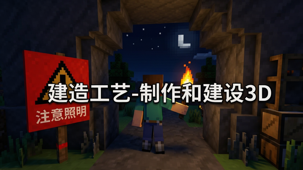 像素风格3D沙盒场景中,角色站在夜晚的洞穴入口,手持火把,旁边有红色警告标志与文字“注意照明”,画面中央标注“建造工艺-制作和建设3D”,风格写实,画质清晰,无多余元素