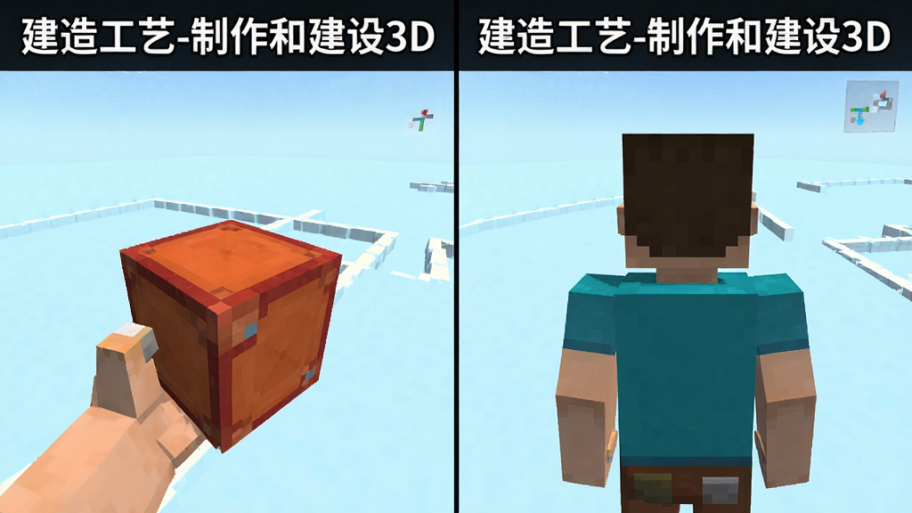 分屏展示同一像素3D场景的第一人称与第三人称视角,左侧为手持方块的第一人称画面,右侧为角色背影的第三人称画面,画面顶部标注“建造工艺-制作和建设3D”,风格简洁,画质清晰,无多余元素