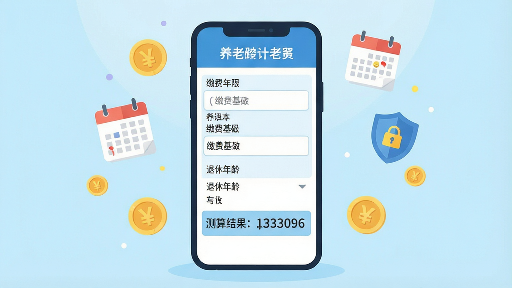 一张展现个人社保养老金计算软件界面的插画,画面中央是一部智能手机,屏幕上显示着养老金计算器的输入界面,包括缴费年限、缴费基数、退休年龄等输入框,屏幕下方显示测算结果数字,背景是简洁的浅蓝色渐变,周围漂浮着金币、日历、盾牌等象征社保与养老的图标,整体风格清新明快,扁平化设计,画质清晰,干净整洁,无多余元素