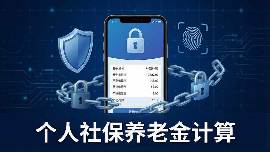 一张表现个人社保养老金计算软件数据安全特性的图片,画面中心是一个带有锁形图标的手机屏幕,屏幕内显示养老金计算界面,手机周围环绕着盾牌、指纹识别、加密锁链等安全元素,背景为深蓝色科技感网格,画面下方有