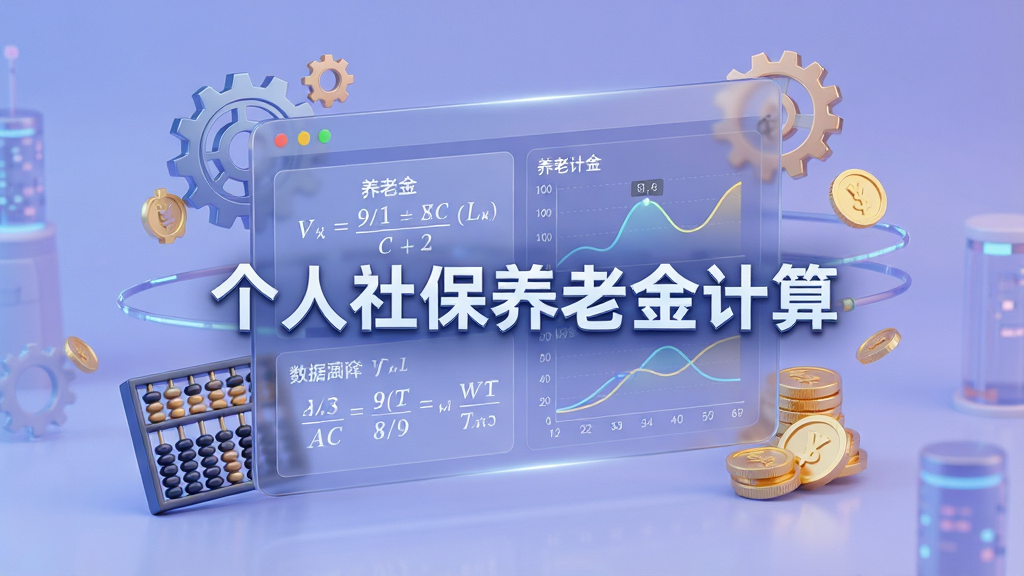 一幅展示个人社保养老金计算软件核心功能的AI生图,画面主体是一个悬浮在空中的半透明数据面板,面板上显示着养老金计算公式和图表曲线,面板周围环绕着齿轮、算盘、金币等元素,背景是柔和的蓝紫色调,画面中央有