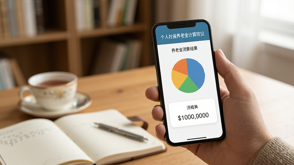 一张展示个人社保养老金计算软件在手机上运行的场景图,画面中一只手拿着手机,手机屏幕显示养老金测算结果页面,页面中有饼状图和数字金额,背景是温馨的家庭书房环境,桌上有茶杯和笔记本,整体色调温暖自然,风格写实,画质清晰,构图简洁,无多余杂物